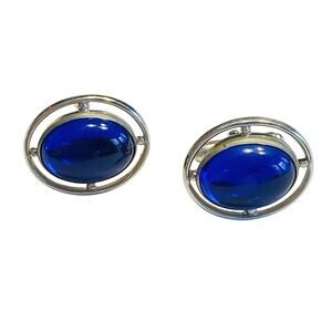 Vintage Anson Cufflinks Silvertone & Blue Jelly Belly Polished Stone Centers
